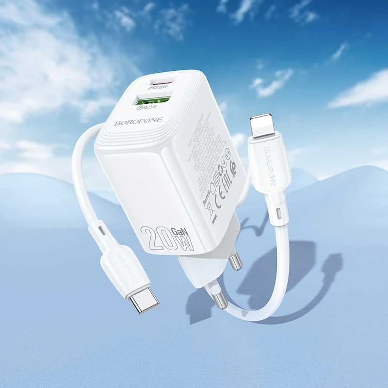 Borofone BN27 Fuente sieninis įkroviklis, 20 W su USB-C–Lightning kabeliu
